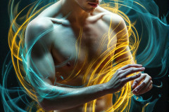 Photos of Handsome Shirtless Men Dancing with Light Rays,Colorful,in Motion.