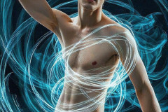 Photos of Handsome Shirtless Men Dancing with Light Rays,Colorful,in Motion.