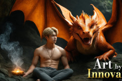 The Dragon Prince - A very attractive shirtless young male prince,with his dragon.