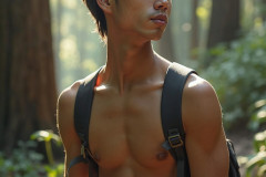 Hot & Sexy Men in the Woods Hiking. A digital art AI generated photograph of a beautiful man,handsome shirtless,and muscular,hiking on a trail in a beautiful forest with large redwood trees.