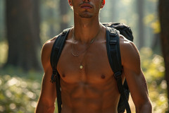 Hot & Sexy Men in the Woods Hiking. A digital art AI generated photograph of a beautiful man,handsome shirtless,and muscular,hiking on a trail in a beautiful forest with large redwood trees.