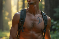 Hot & Sexy Men in the Woods Hiking. A digital art AI generated photograph of a beautiful man,handsome shirtless,and muscular,hiking on a trail in a beautiful forest with large redwood trees.