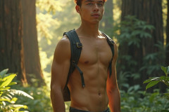 Hot & Sexy Men in the Woods Hiking. A digital art AI generated photograph of a beautiful man,handsome shirtless,and muscular,hiking on a trail in a beautiful forest with large redwood trees.