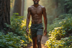 Hot & Sexy Men in the Woods Hiking. A digital art AI generated photograph of a beautiful man,handsome shirtless,and muscular,hiking on a trail in a beautiful forest with large redwood trees.