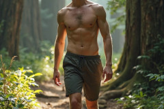 Hot & Sexy Men in the Woods Hiking. A digital art AI generated photograph of a beautiful man,handsome shirtless,and muscular,hiking on a trail in a beautiful forest with large redwood trees.
