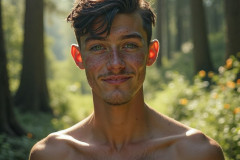 Hot & Sexy Men in the Woods Hiking. A digital art AI generated photograph of a beautiful man,handsome shirtless,and muscular,hiking on a trail in a beautiful forest with large redwood trees.