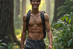 Hot & Sexy Men in the Woods Hiking. A digital art AI generated photograph of a beautiful man,handsome shirtless,and muscular,hiking on a trail in a beautiful forest with large redwood trees.