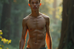 Hot & Sexy Men in the Woods Hiking. A digital art AI generated photograph of a beautiful man,handsome shirtless,and muscular,hiking on a trail in a beautiful forest with large redwood trees.