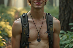 Hot & Sexy Men in the Woods Hiking. A digital art AI generated photograph of a beautiful man,handsome shirtless,and muscular,hiking on a trail in a beautiful forest with large redwood trees.