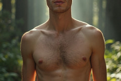 Hot & Sexy Men in the Woods Hiking. A digital art AI generated photograph of a beautiful man,handsome shirtless,and muscular,hiking on a trail in a beautiful forest with large redwood trees.