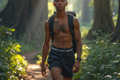Hot & Sexy Men in the Woods Hiking. A digital art AI generated photograph of a beautiful man,handsome shirtless,and muscular,hiking on a trail in a beautiful forest with large redwood trees.