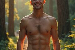 Hot & Sexy Men in the Woods Hiking. A digital art AI generated photograph of a beautiful man,handsome shirtless,and muscular,hiking on a trail in a beautiful forest with large redwood trees.