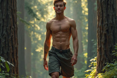 Hot & Sexy Men in the Woods Hiking. A digital art AI generated photograph of a beautiful man,handsome shirtless,and muscular,hiking on a trail in a beautiful forest with large redwood trees.