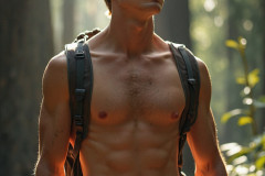 Hot & Sexy Men in the Woods Hiking. A digital art AI generated photograph of a beautiful man,handsome shirtless,and muscular,hiking on a trail in a beautiful forest with large redwood trees.