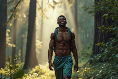 Hot & Sexy Men in the Woods Hiking. A digital art AI generated photograph of a beautiful man,handsome shirtless,and muscular,hiking on a trail in a beautiful forest with large redwood trees.