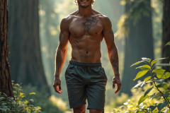 Hot & Sexy Men in the Woods Hiking. A digital art AI generated photograph of a beautiful man,handsome shirtless,and muscular,hiking on a trail in a beautiful forest with large redwood trees.