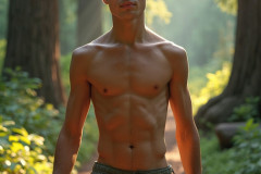 Hot & Sexy Men in the Woods Hiking. A digital art AI generated photograph of a beautiful man,handsome shirtless,and muscular,hiking on a trail in a beautiful forest with large redwood trees.