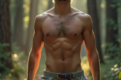 Hot & Sexy Men in the Woods Hiking. A digital art AI generated photograph of a beautiful man,handsome shirtless,and muscular,hiking on a trail in a beautiful forest with large redwood trees.