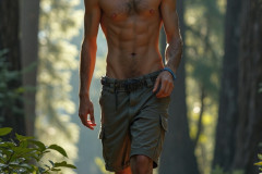 Hot & Sexy Men in the Woods Hiking. A digital art AI generated photograph of a beautiful man,handsome shirtless,and muscular,hiking on a trail in a beautiful forest with large redwood trees.