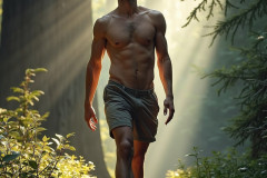 Hot & Sexy Men in the Woods Hiking. A digital art AI generated photograph of a beautiful man,handsome shirtless,and muscular,hiking on a trail in a beautiful forest with large redwood trees.