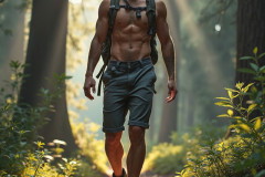 Hot & Sexy Men in the Woods Hiking. A digital art AI generated photograph of a beautiful man,handsome shirtless,and muscular,hiking on a trail in a beautiful forest with large redwood trees.