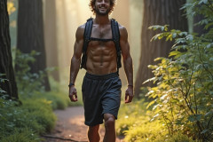 Hot & Sexy Men in the Woods Hiking. A digital art AI generated photograph of a beautiful man,handsome shirtless,and muscular,hiking on a trail in a beautiful forest with large redwood trees.