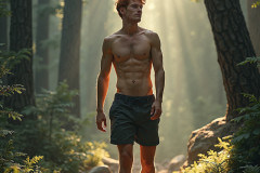 Hot & Sexy Men in the Woods Hiking. A digital art AI generated photograph of a beautiful man,handsome shirtless,and muscular,hiking on a trail in a beautiful forest with large redwood trees.