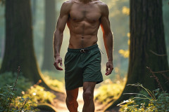 Hot & Sexy Men in the Woods Hiking. A digital art AI generated photograph of a beautiful man,handsome shirtless,and muscular,hiking on a trail in a beautiful forest with large redwood trees.