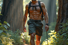 Hot & Sexy Men in the Woods Hiking. A digital art AI generated photograph of a beautiful man,handsome shirtless,and muscular,hiking on a trail in a beautiful forest with large redwood trees.