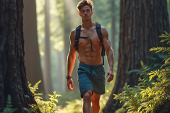 Hot & Sexy Men in the Woods Hiking. A digital art AI generated photograph of a beautiful man,handsome shirtless,and muscular,hiking on a trail in a beautiful forest with large redwood trees.