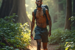 Hot & Sexy Men in the Woods Hiking. A digital art AI generated photograph of a beautiful man,handsome shirtless,and muscular,hiking on a trail in a beautiful forest with large redwood trees.