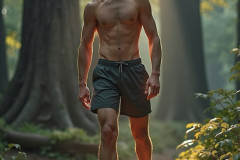 Hot & Sexy Men in the Woods Hiking. A digital art AI generated photograph of a beautiful man,handsome shirtless,and muscular,hiking on a trail in a beautiful forest with large redwood trees.