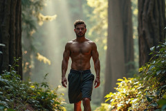 Hot & Sexy Men in the Woods Hiking. A digital art AI generated photograph of a beautiful man,handsome shirtless,and muscular,hiking on a trail in a beautiful forest with large redwood trees.