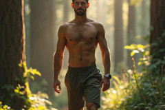 Hot & Sexy Men in the Woods Hiking. A digital art AI generated photograph of a beautiful man,handsome shirtless,and muscular,hiking on a trail in a beautiful forest with large redwood trees.