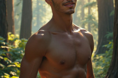 Hot & Sexy Men in the Woods Hiking. A digital art AI generated photograph of a beautiful man,handsome shirtless,and muscular,hiking on a trail in a beautiful forest with large redwood trees.