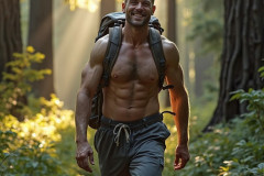 Hot & Sexy Men in the Woods Hiking. A digital art AI generated photograph of a beautiful man,handsome shirtless,and muscular,hiking on a trail in a beautiful forest with large redwood trees.