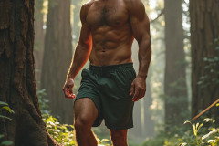Hot & Sexy Men in the Woods Hiking. A digital art AI generated photograph of a beautiful man,handsome shirtless,and muscular,hiking on a trail in a beautiful forest with large redwood trees.