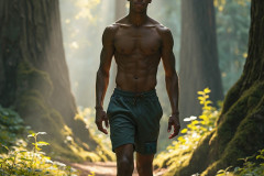 Hot & Sexy Men in the Woods Hiking. A digital art AI generated photograph of a beautiful man,handsome shirtless,and muscular,hiking on a trail in a beautiful forest with large redwood trees.