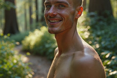 Hot & Sexy Men in the Woods Hiking. A digital art AI generated photograph of a beautiful man,handsome shirtless,and muscular,hiking on a trail in a beautiful forest with large redwood trees.