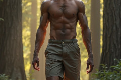 Hot & Sexy Men in the Woods Hiking. A digital art AI generated photograph of a beautiful man,handsome shirtless,and muscular,hiking on a trail in a beautiful forest with large redwood trees.
