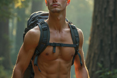 Hot & Sexy Men in the Woods Hiking. A digital art AI generated photograph of a beautiful man,handsome shirtless,and muscular,hiking on a trail in a beautiful forest with large redwood trees.
