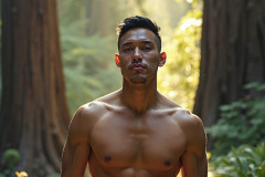 Hot & Sexy Men in the Woods Hiking. A digital art AI generated photograph of a beautiful man,handsome shirtless,and muscular,hiking on a trail in a beautiful forest with large redwood trees.