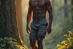 Hot & Sexy Men in the Woods Hiking. A digital art AI generated photograph of a beautiful man,handsome shirtless,and muscular,hiking on a trail in a beautiful forest with large redwood trees.