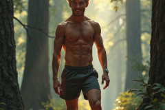 Hot & Sexy Men in the Woods Hiking. A digital art AI generated photograph of a beautiful man,handsome shirtless,and muscular,hiking on a trail in a beautiful forest with large redwood trees.