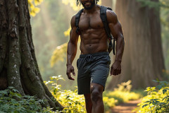 Hot & Sexy Men in the Woods Hiking. A digital art AI generated photograph of a beautiful man,handsome shirtless,and muscular,hiking on a trail in a beautiful forest with large redwood trees.