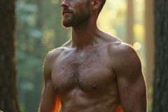Hot & Sexy Men in the Woods Hiking. A digital art AI generated photograph of a beautiful man,handsome shirtless,and muscular,hiking on a trail in a beautiful forest with large redwood trees.