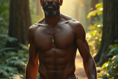 Hot & Sexy Men in the Woods Hiking. A digital art AI generated photograph of a beautiful man,handsome shirtless,and muscular,hiking on a trail in a beautiful forest with large redwood trees.