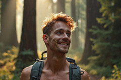 Hot & Sexy Men in the Woods Hiking. A digital art AI generated photograph of a beautiful man,handsome shirtless,and muscular,hiking on a trail in a beautiful forest with large redwood trees.