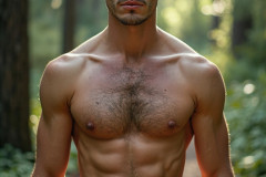 Hot & Sexy Men in the Woods Hiking. A digital art AI generated photograph of a beautiful man,handsome shirtless,and muscular,hiking on a trail in a beautiful forest with large redwood trees.