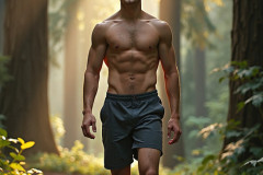 Hot & Sexy Men in the Woods Hiking. A digital art AI generated photograph of a beautiful man,handsome shirtless,and muscular,hiking on a trail in a beautiful forest with large redwood trees.